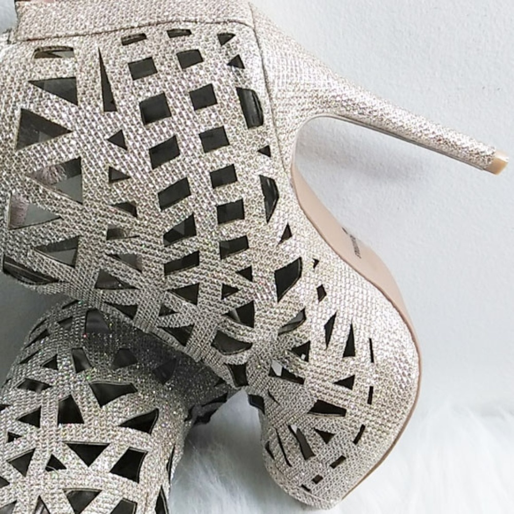 Qupid Rose Gold Glitter Peep Toe Ankle Boot